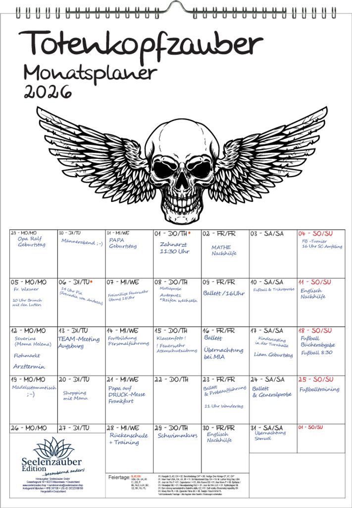 Totenkopfzauber Planer DIN A3 Kalender für 2026 Skull Totenkopf Bones Gothik - Seelenzauber