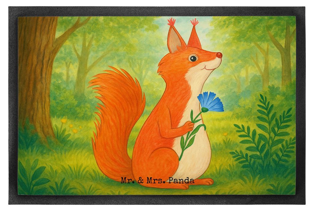 Mr. & Mrs. Panda Fussmatte Eichhörnchen Blume Design 60 x 90 cm - Weiß - Geschenk, Lachen, Bodenvorleger, Spaß, Eichhorn, Schmutzfangmatte, matt...