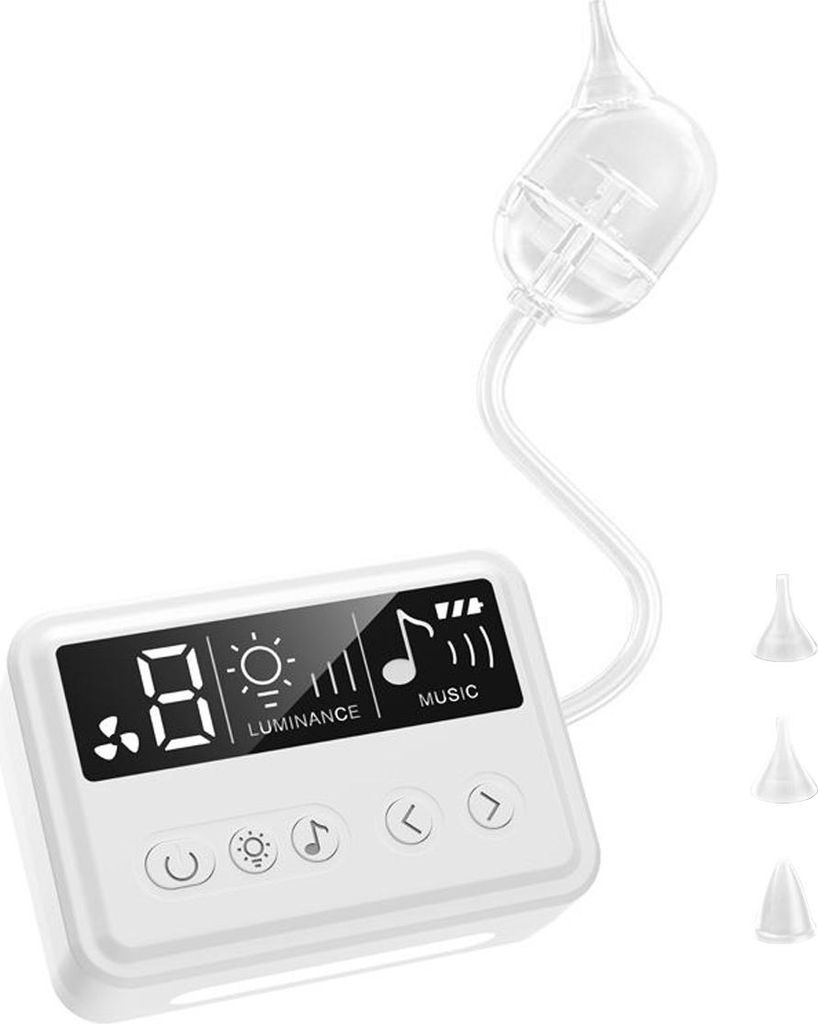 Baby Nasensauger elektrisch, 9 Stufen, Anti-Backflow, Nachtlicht, Musik, 3 Silikonaufsätze