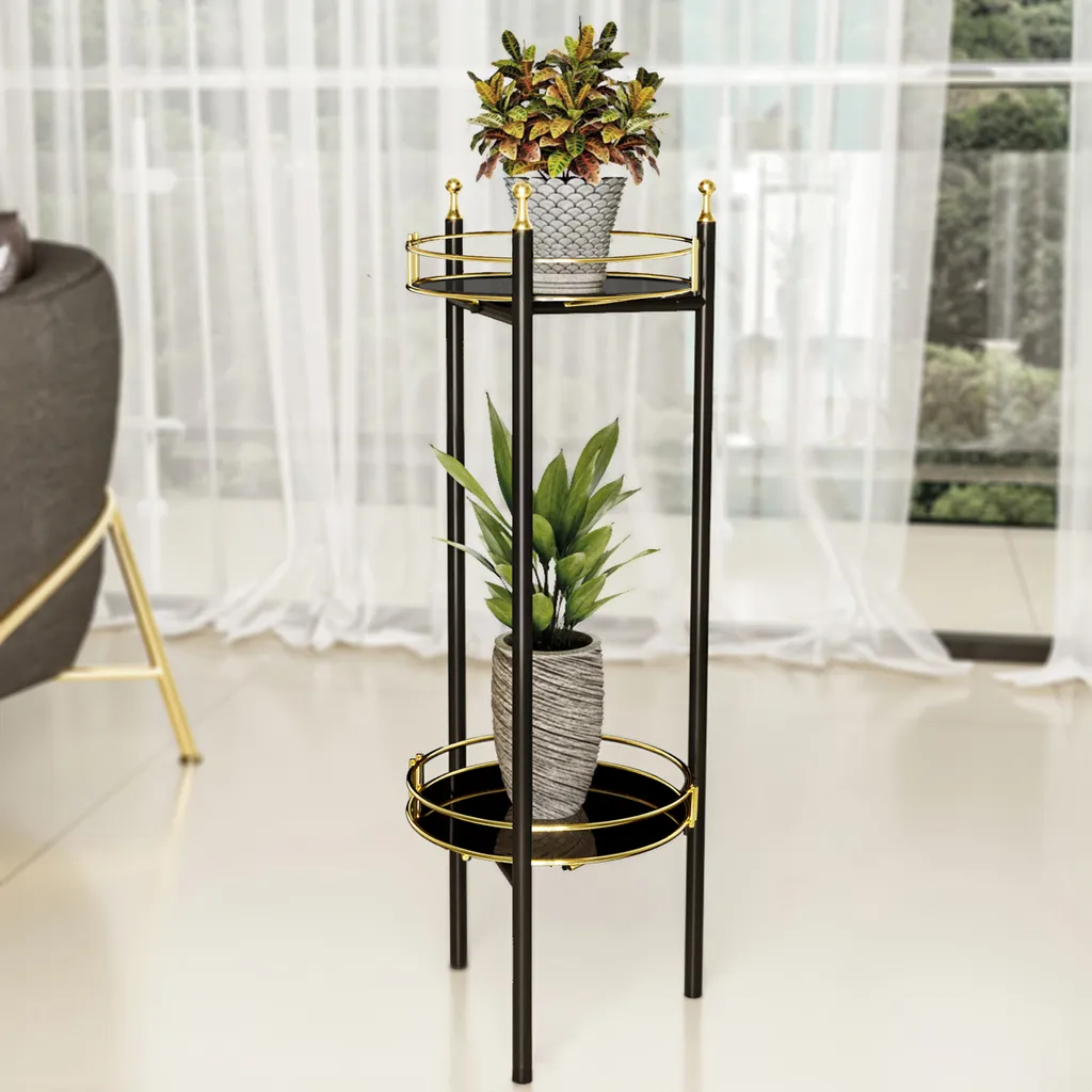 Porte-plante design Oulainen en métal noir et doré - Colonne de fleurs