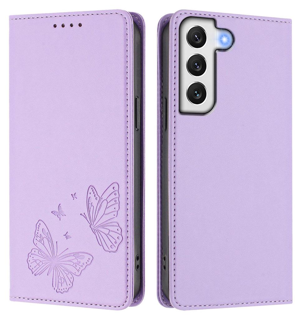 Lederhülle für Samsung Galaxy S22+ 5G, Schmetterling Prägung Leder Brieftasche Schutzhülle mit Ständer Violett