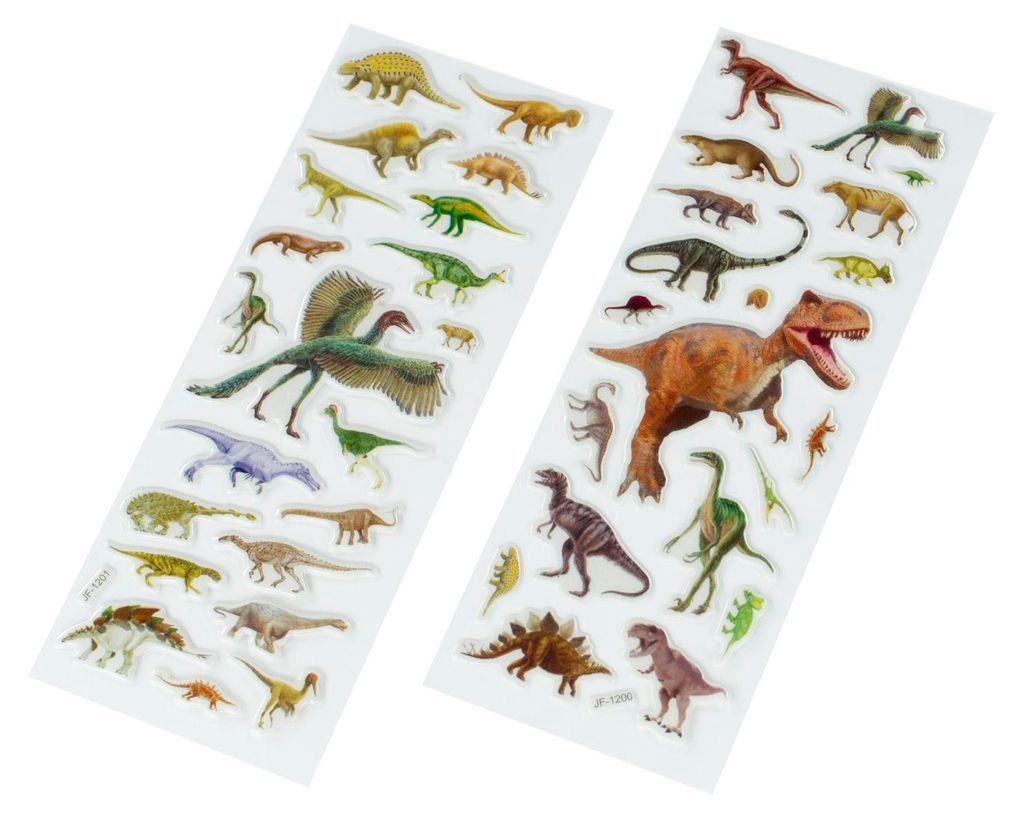 Two sheets of dinosaur stickers are shown against a white background.