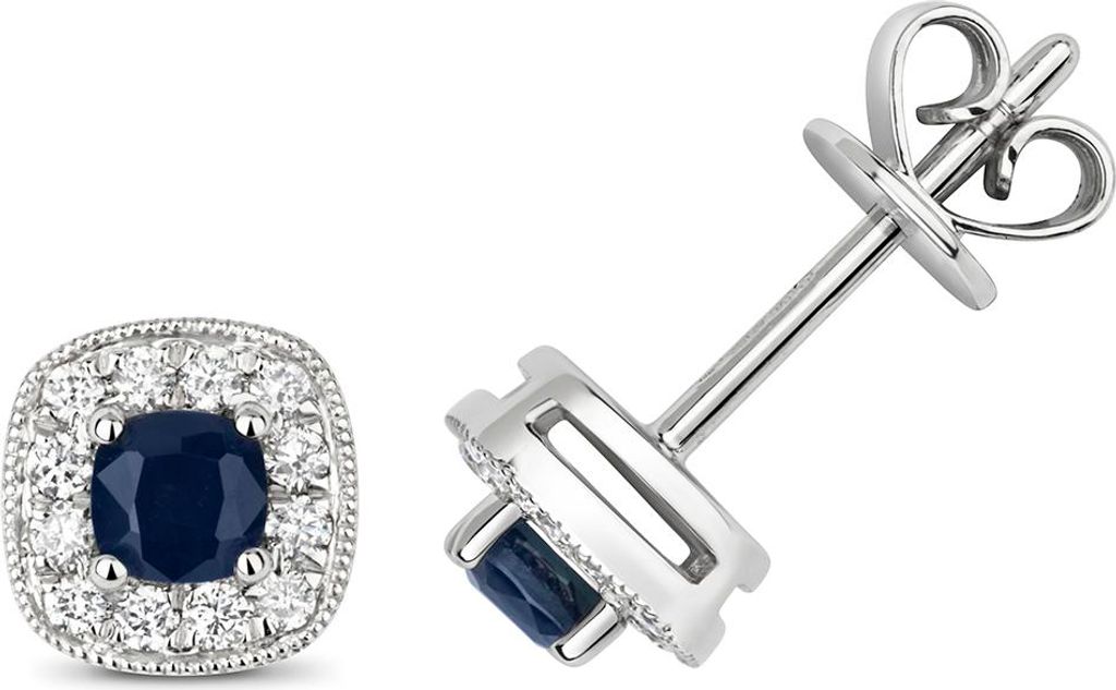 9 Karat (375) Weißgold Damen - Diamant Paar Ohrstecker Brillant-Schliff 0.15 Karat HI - I1 mit Saphir - 6mm*6mm; TRS3304