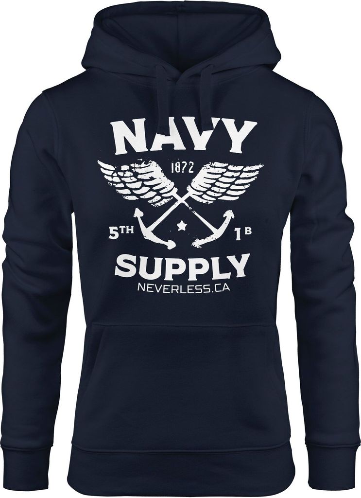 Hoodie Damen Motiv Maritim Nautical Design Schriftzug Navy Supply Anker mit Flügeln Kapuzen-Pullover Neverless navy XS