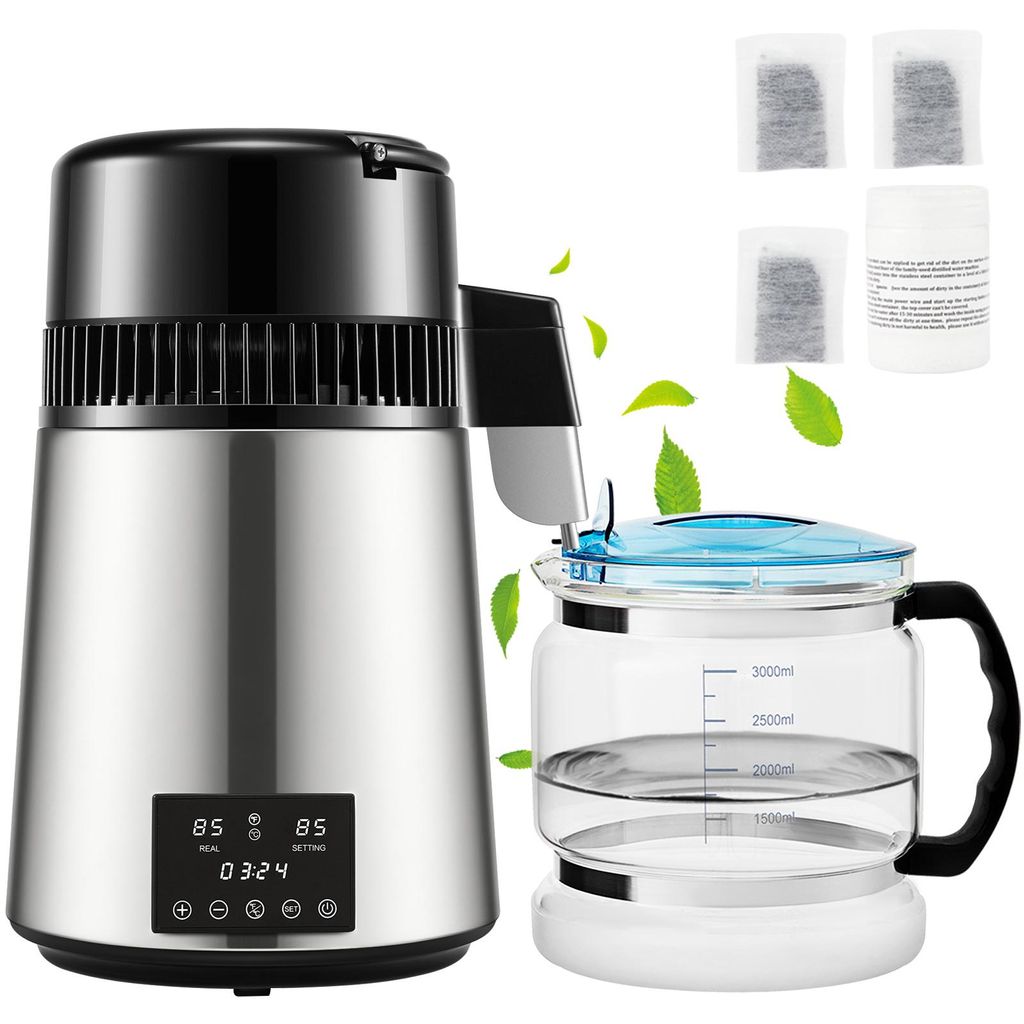 SucceBuy Wasserdestillierer 750 W 1 L/Std., Destilliergerät aus Edelstahl, kompakte Wasserherstellungsmaschine, Destillationsapparatur für sauber...