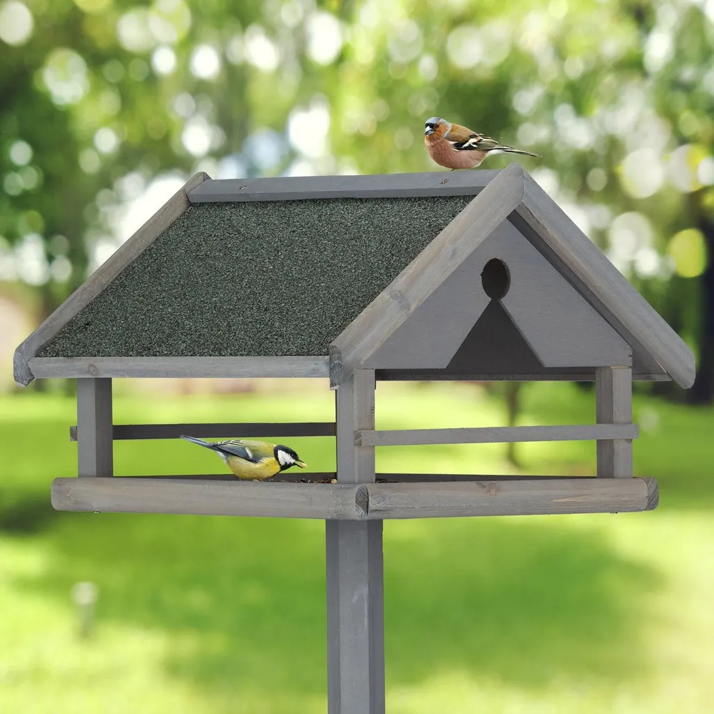Table à oiseaux grise sur poteau stable - Bois robuste résistant UV