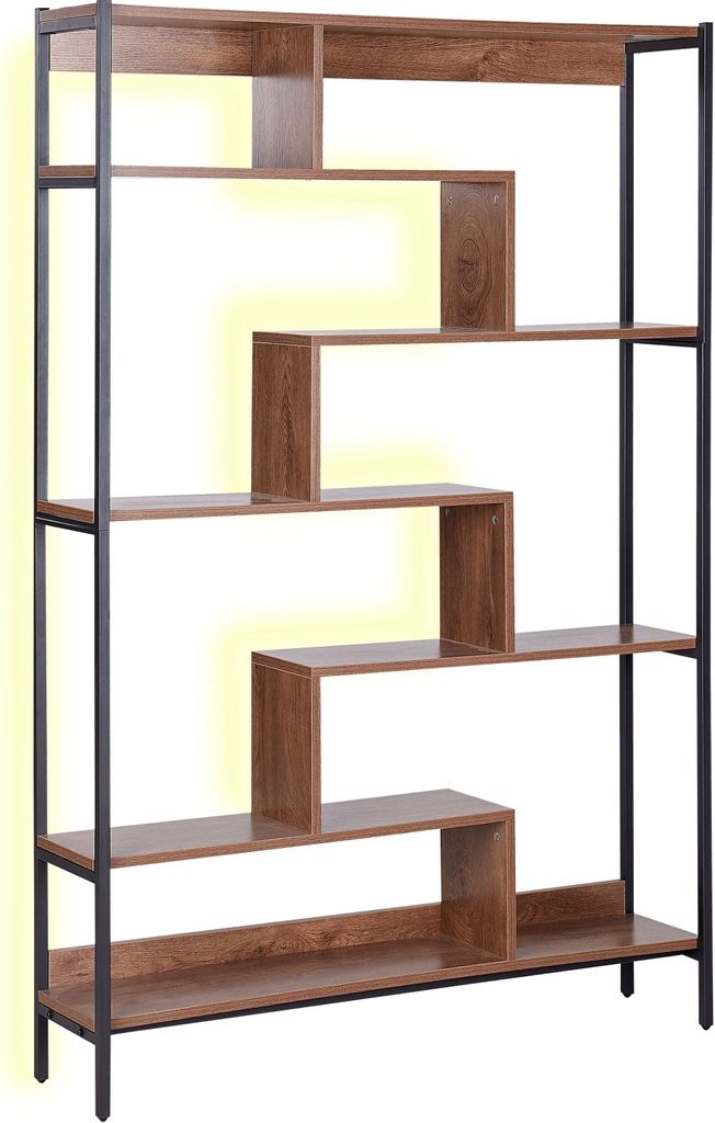 BELIANI Bücherregal Dunkler Holzfarbton MDF-Platte 180 x 120 x 35 cm mit Schwarzem Metallgestell LED-Beleuchtung Industrieller Stil 6 Fächer Wohn...