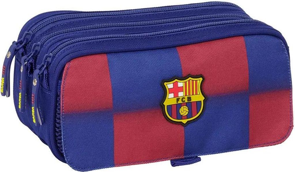 A close-up, studio shot of a FC Barcelona themed pencil case.