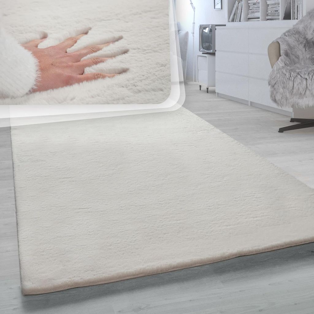 Hochflor Teppich Unifarben schmutzabweisend Creme Läufer 80x150 | 100% Polyester, Rücken aus Baumwolle | Florhöhe: 22 mm | pflegeleicht