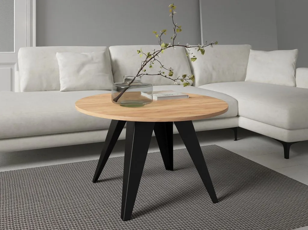 Table basse ronde ORESTA 80cm finition chêne noir et détails dorés