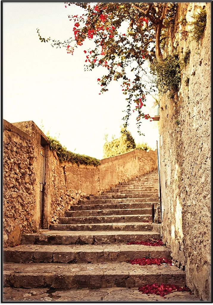 Wallario Wandbild Steinerne Treppe in Italien, Größe: 70,30 x 100,30 cm, Poster mit schwarzem Aluminiumrahmen