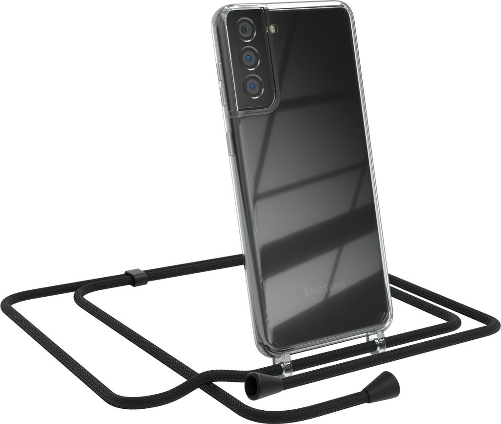 EAZY CASE Handykette kompatibel mit Samsung Galaxy S21 Plus 5G, Handyhülle mit Umhängeband, Handykordel, Schutzhülle Clear, Band in Schwarz