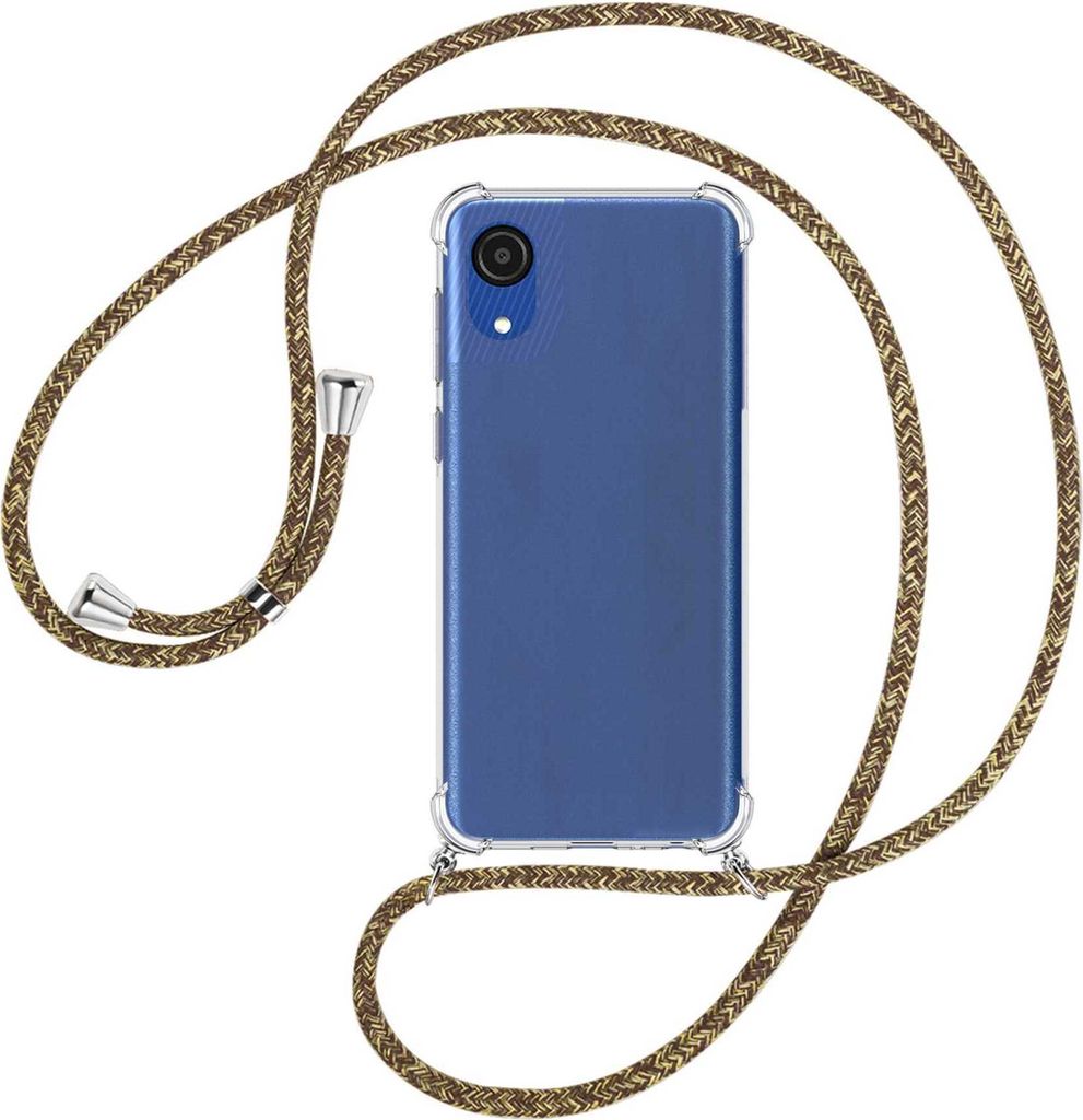 Handykette Backcover-Schutzhülle mit Band (Metall silberfarben) für Samsung Galaxy A03 Core (SM-A032 6.5'') - braun+beige