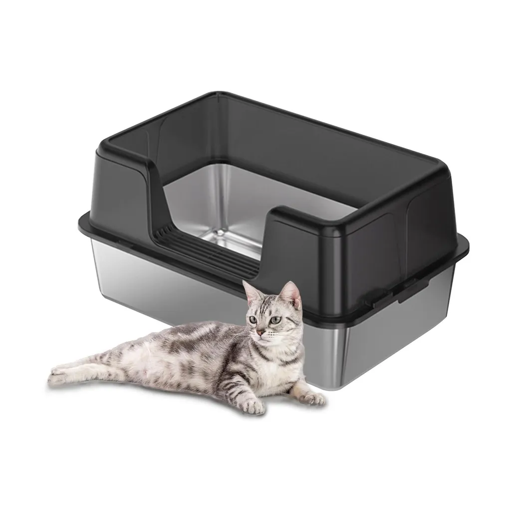 Bac à litière pour grand chat inox noir 60x40x31,5 avec pelle kit