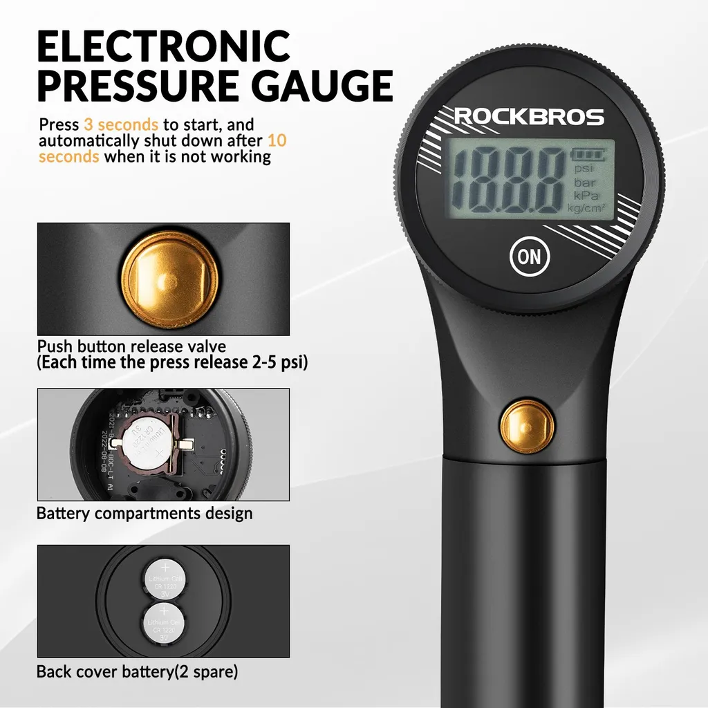 Mini pompe à vélo ROCKBROS 320PSI avec manomètre électronique - 4