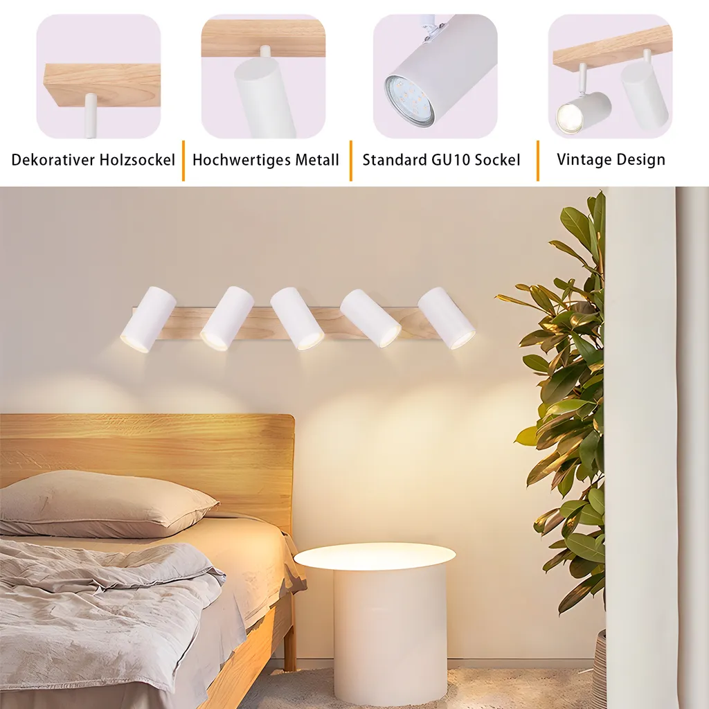 ZMH plafoniera 5 fiamme faretto soffitto legno plafoniera bianca spot soffitto GU10 lampada soggiorno 350° lampada corridoio soffitto faretto corridoio per camera da letto cucina soggiorno senza lampadine - 5