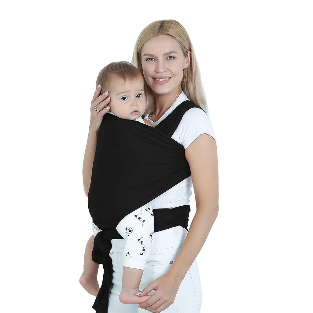 Babytragetuch mit Vordertasche Baby Trage-Tasche und Anleitung Tragetuch schwarz 