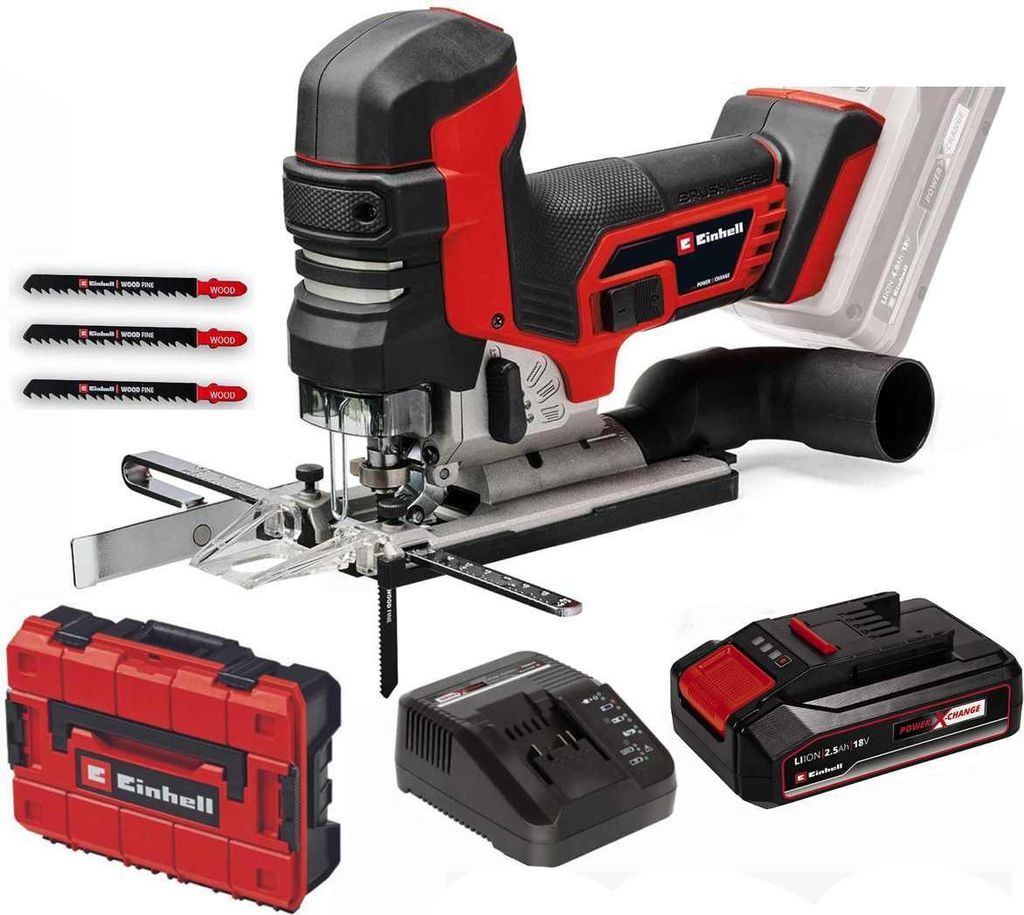A jigsaw, battery, charger, and accessories laid out on a white background.