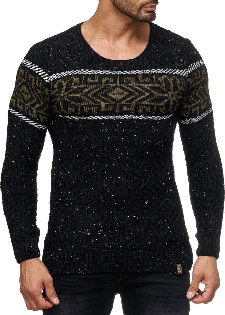 Herren Strickpullover Rundhals Norwegerpullover Muster RS-18003 Schwarz S