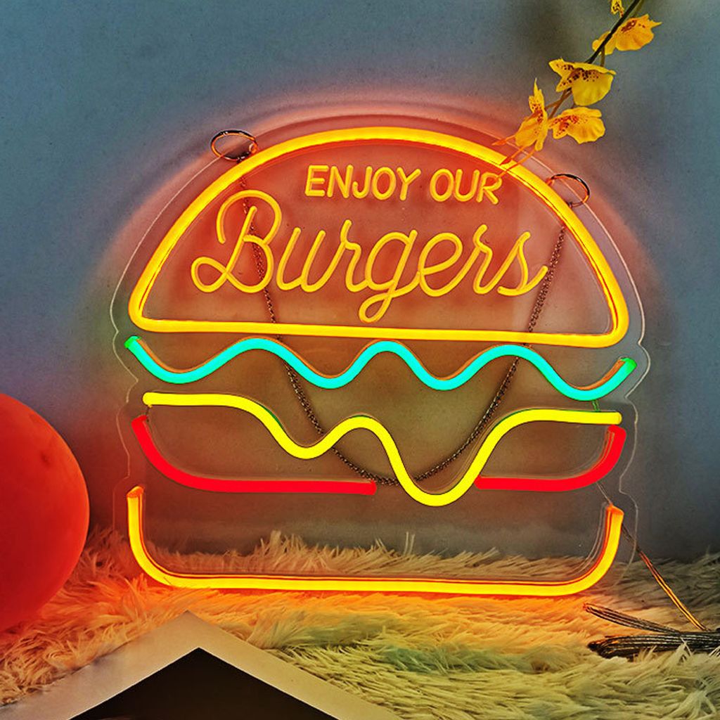 Werbeschild Neonschild Dekolicht Wandlampe Designerlampe Formlampe Wandleuchte für das Esszimmer Luminous Advertisement Licht in Hamburger-Form