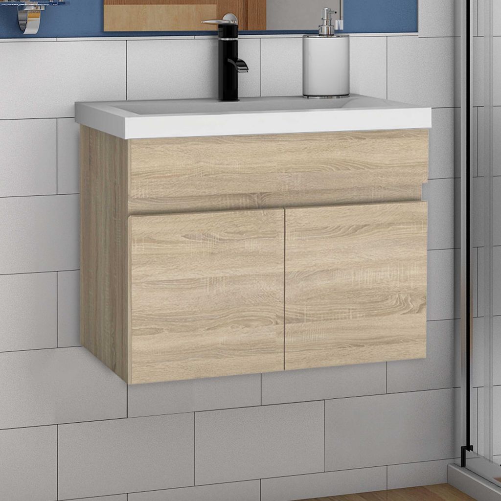 Waschtisch mit Unterschrank 60cm BERGEN Badmöbel Set Eiche Dick Keramik Waschbecken mit Unterschrank MDF Softclose