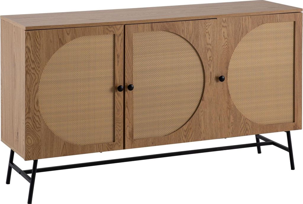 Sideboard 140x80x39cm Eiche-Dekor mit Rattan-Türfronten und schwarzem Metallgestell in Gesamtansicht.