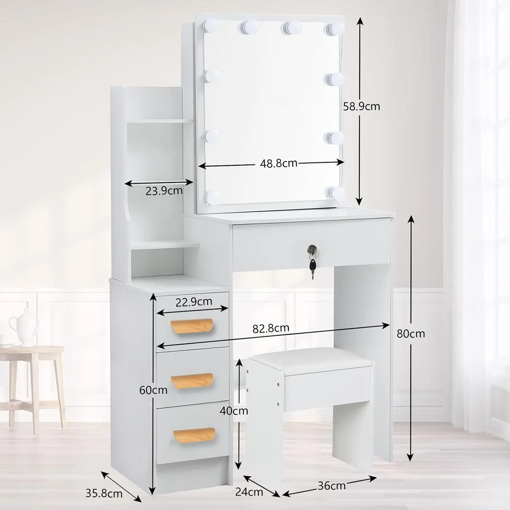 Coiffeuse Miroir LED : Solution de Rangement et Maquillage avec Tabouret - 7