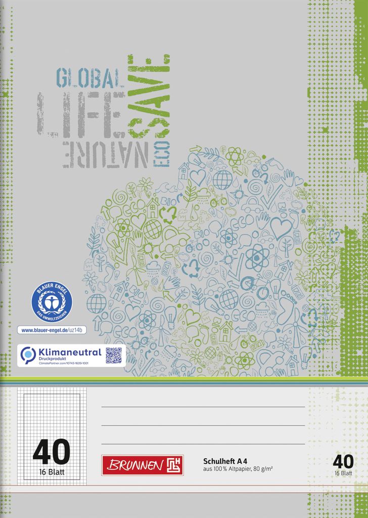 BRUNNEN Schulheft A4 Lineatur 40 16 Blatt Recyclingpapier Produktbild 