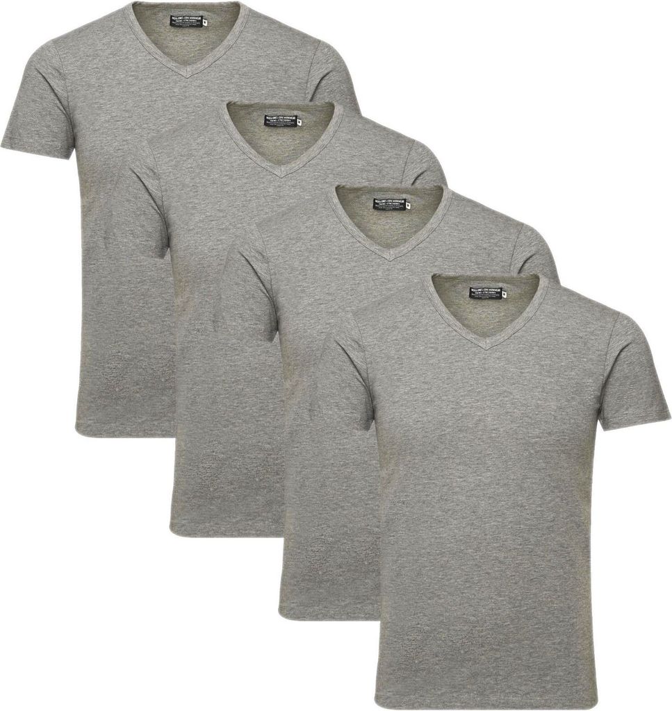 Jack & Jones 4er-Pack Basic T-Shirts Herren Slim-Fit Shirt Stretch V-Neck Ausschnitt, 4er-TS-V-Neck-L.Grey-S