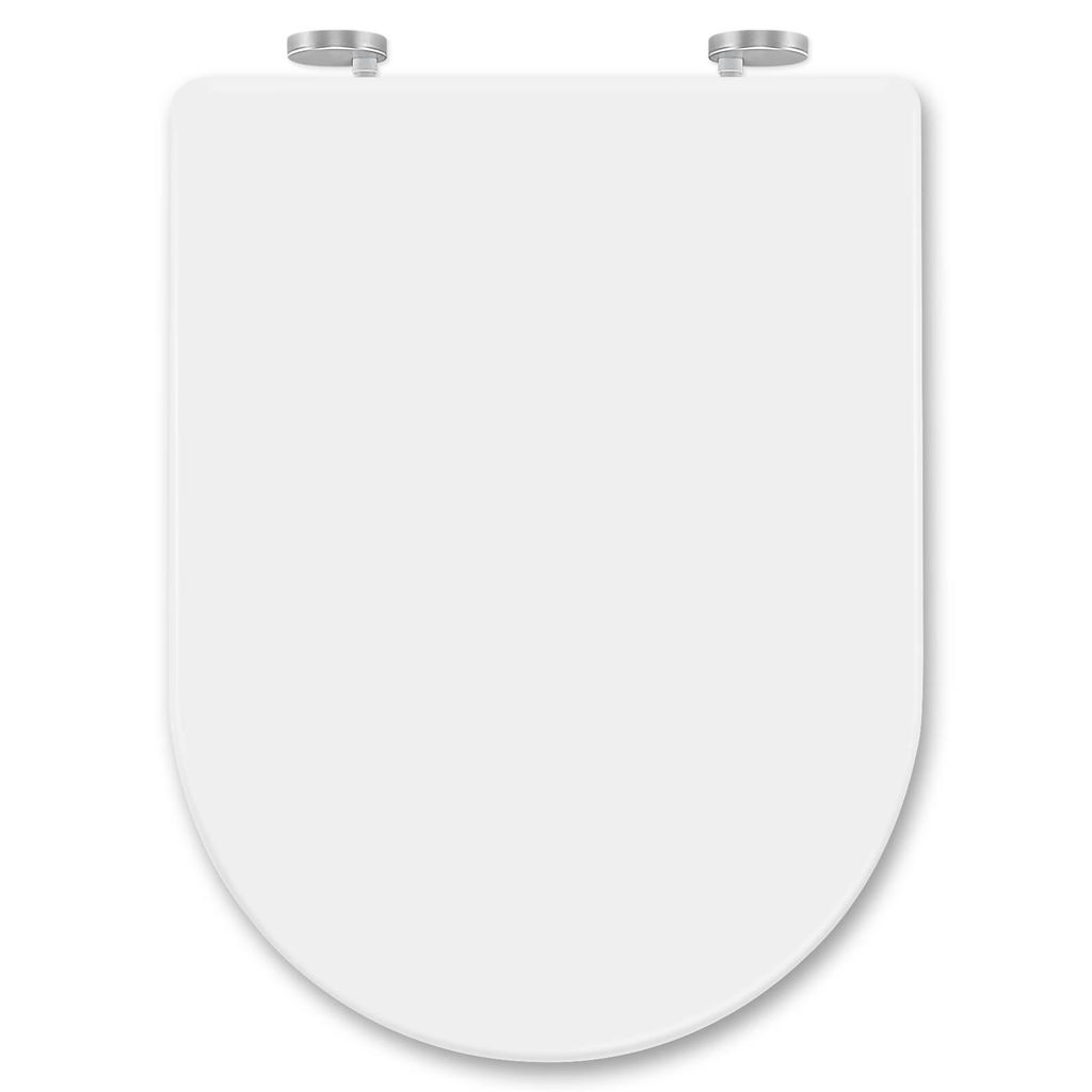 A white toilet seat with silver hinges, shown from a top-down perspective against a white background.