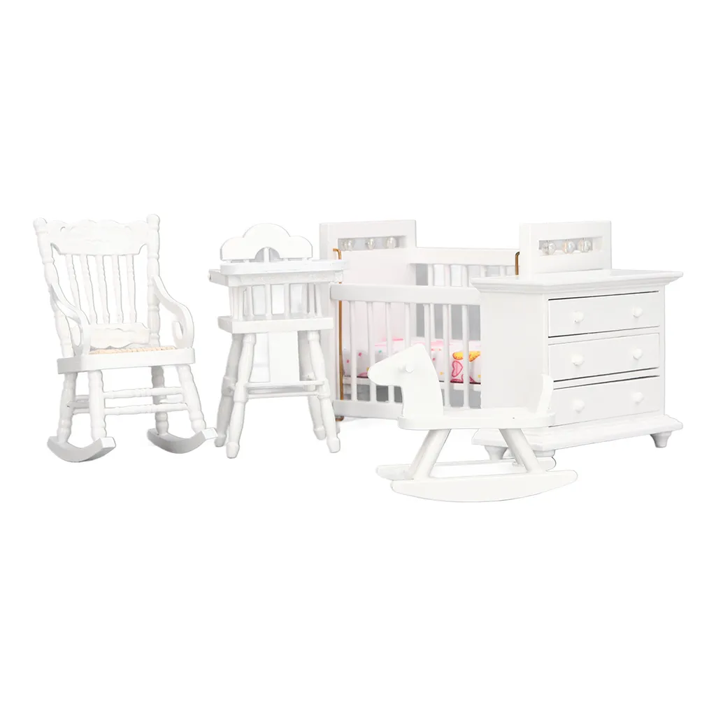 Ensemble meubles maison de poupées 1/12 en bois blanc et cheval à bascule