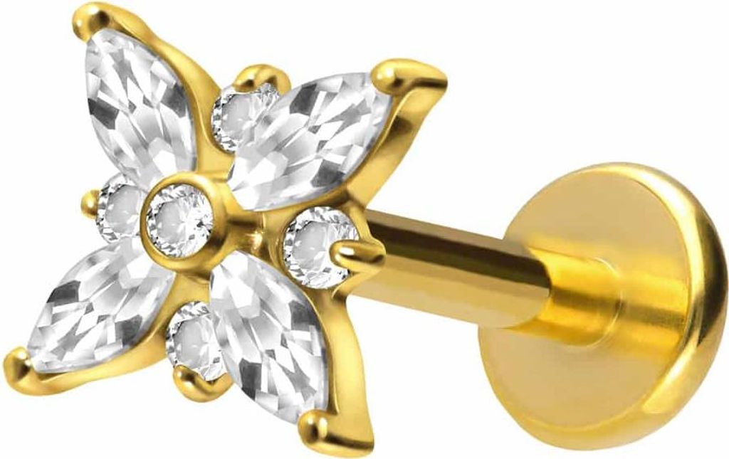 Ohrpiercing, Nasenpiercing Titan Labret mit Push Fit KRISTALLSTERN Gold Stablänge: 10mm | Stabstärke: 1,2mm