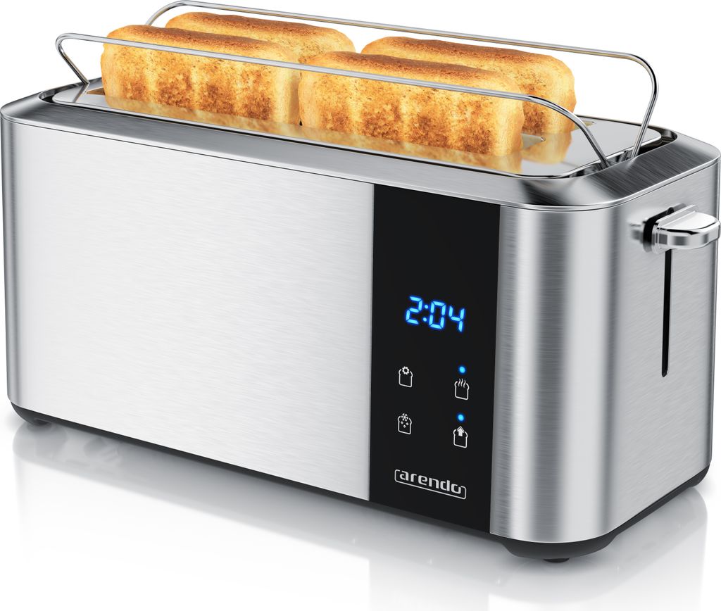 Arendo Toaster Langschlitz, Brötchenaufsatz, Wärmeisoliertes Gehäuse, Display, Touch, 2 lange Schlitze, für 4 Scheiben, 1500 W, LED-Anzeige mit...