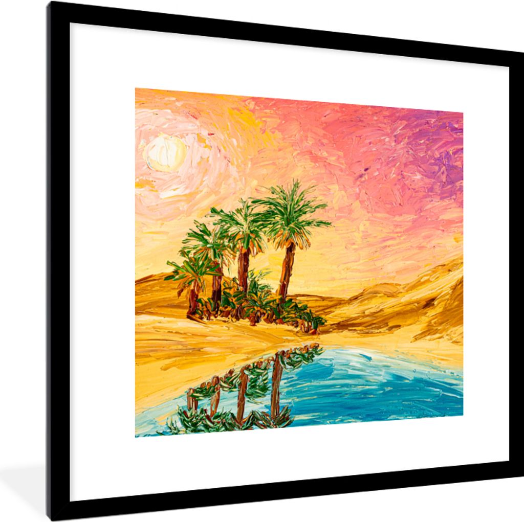 MuchoWow Gerahmtes Poster Gemälde - Öl - Palme - Natur - Wasser 40x40 cm - Poster mit Schwarzem Bilderrahmen Wandposter Rahmen Foto Bilder - Po...