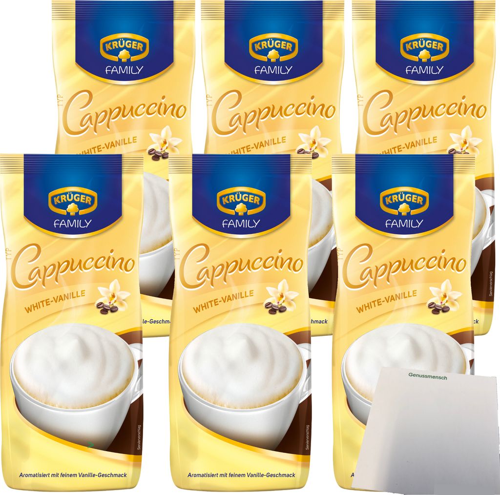 A product shot of six bags of Krüger Family White Cappuccino.