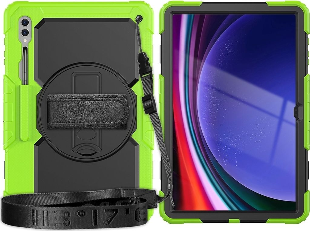 Mobigear SureGrip Xtreme Samsung Galaxy Tab S9 Ultra Hülle Kunststoff,Silikon Backcover + Schulterträger + Ständer - Schwarz / Grün
