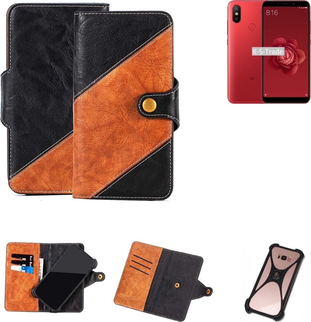 K-S-Trade Handyhülle Schutzhülle Bookstyle Case Wallet-Case kompatibel mit Xiaomi Mi 6X Handy Cover Bumper Klapphülle schwarz hellbraun 1x