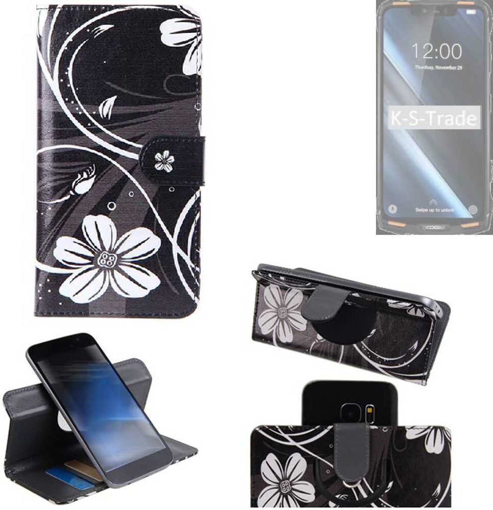 K-S-Trade Schutzhülle Handyhülle kompatibel mit Doogee S90 Hülle 360° Wallet Case ''Flowers'' Klapphülle Hülle schwarz-weiß 1x