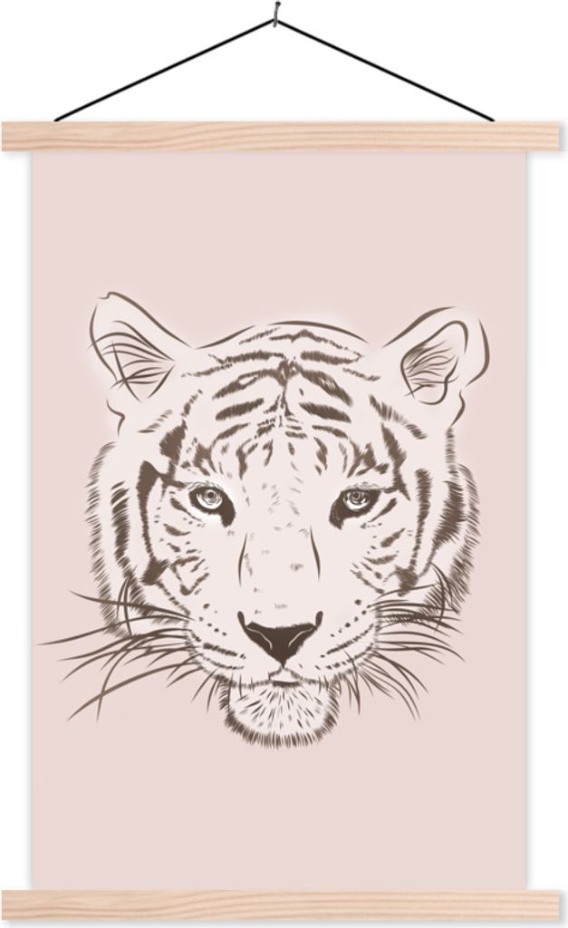 MuchoWow Textilposter Tiger - Zeichnung - Junge 60x90 cm mit holzfarbenen Rahmen - Textil
