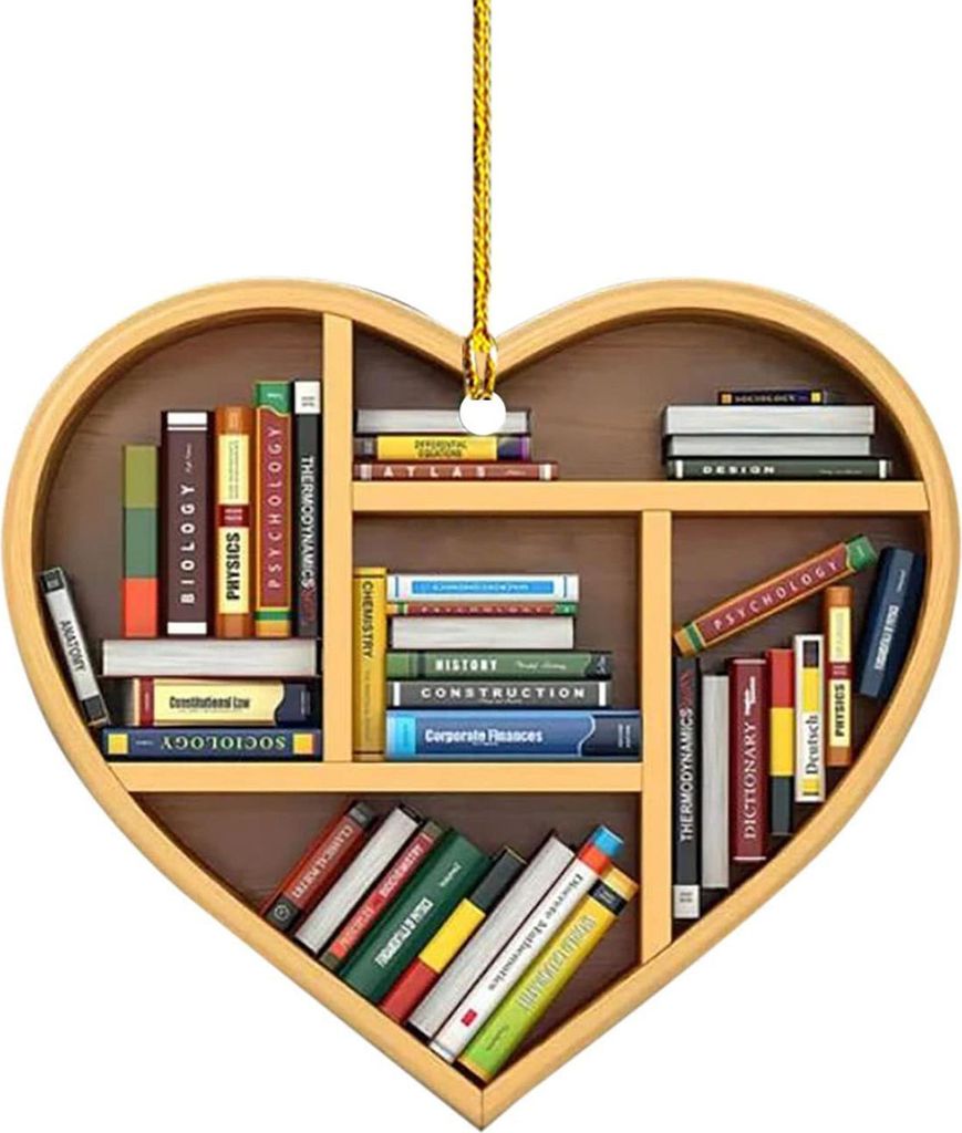 Herzförmiger Weihnachtsschmuck aus Acryl, Bücherregal- und Weihnachtsbaumschmuck, 2D-flach bedrucktes Buchgeschenk für Bücherliebhaber