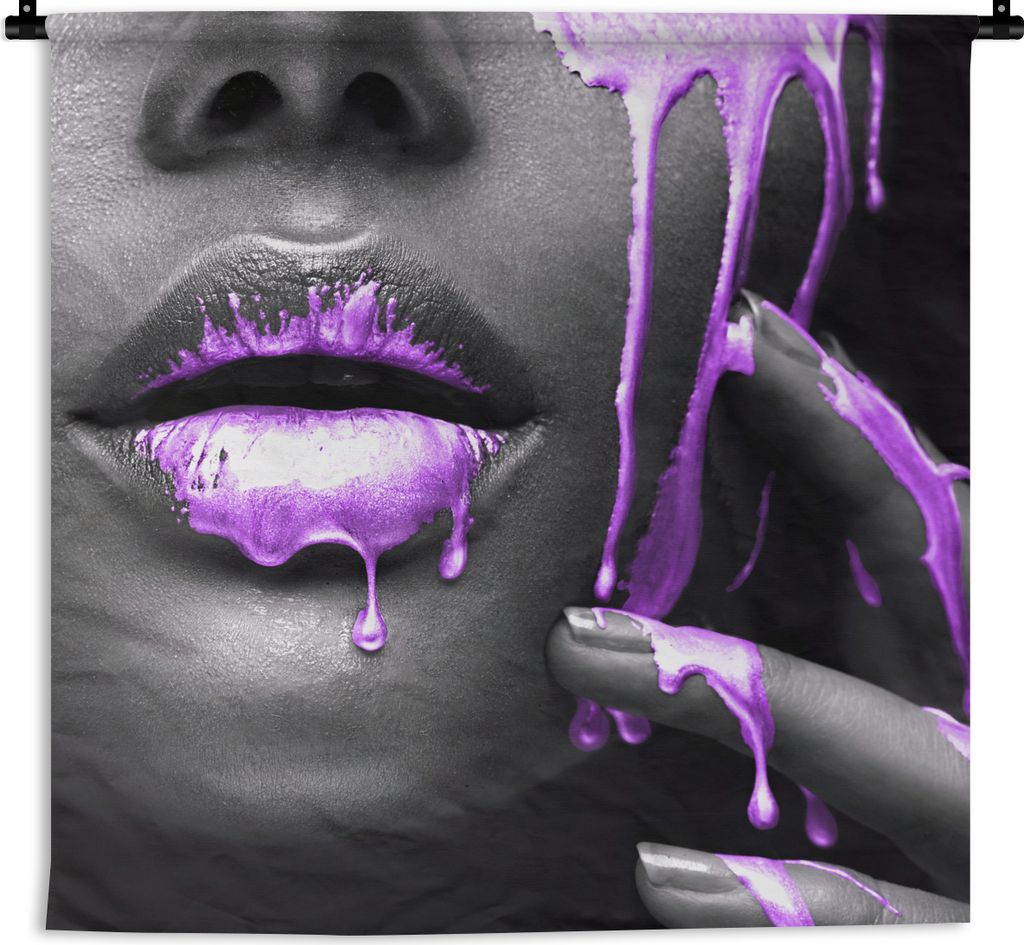 MuchoWow Wandteppich Wandbehang Lippen - Schwarz - Lila 150x150 cm Tapisserie Dekoration Wandtuch - Wohnaccessoires - Modernes