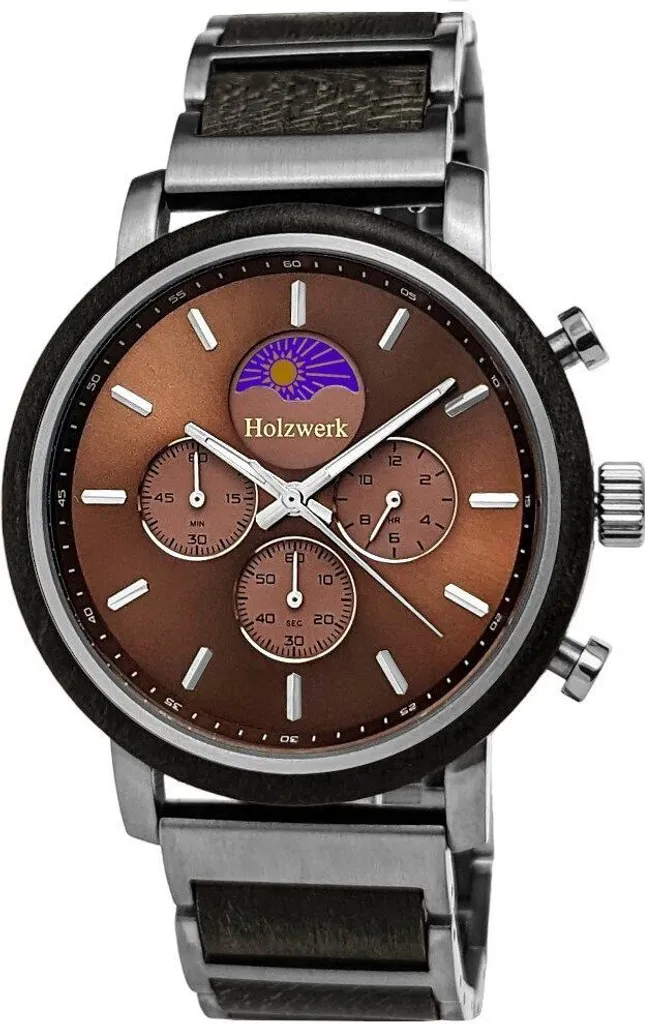 Montre homme robuste anti-rayures en acier et bois argentée et marron