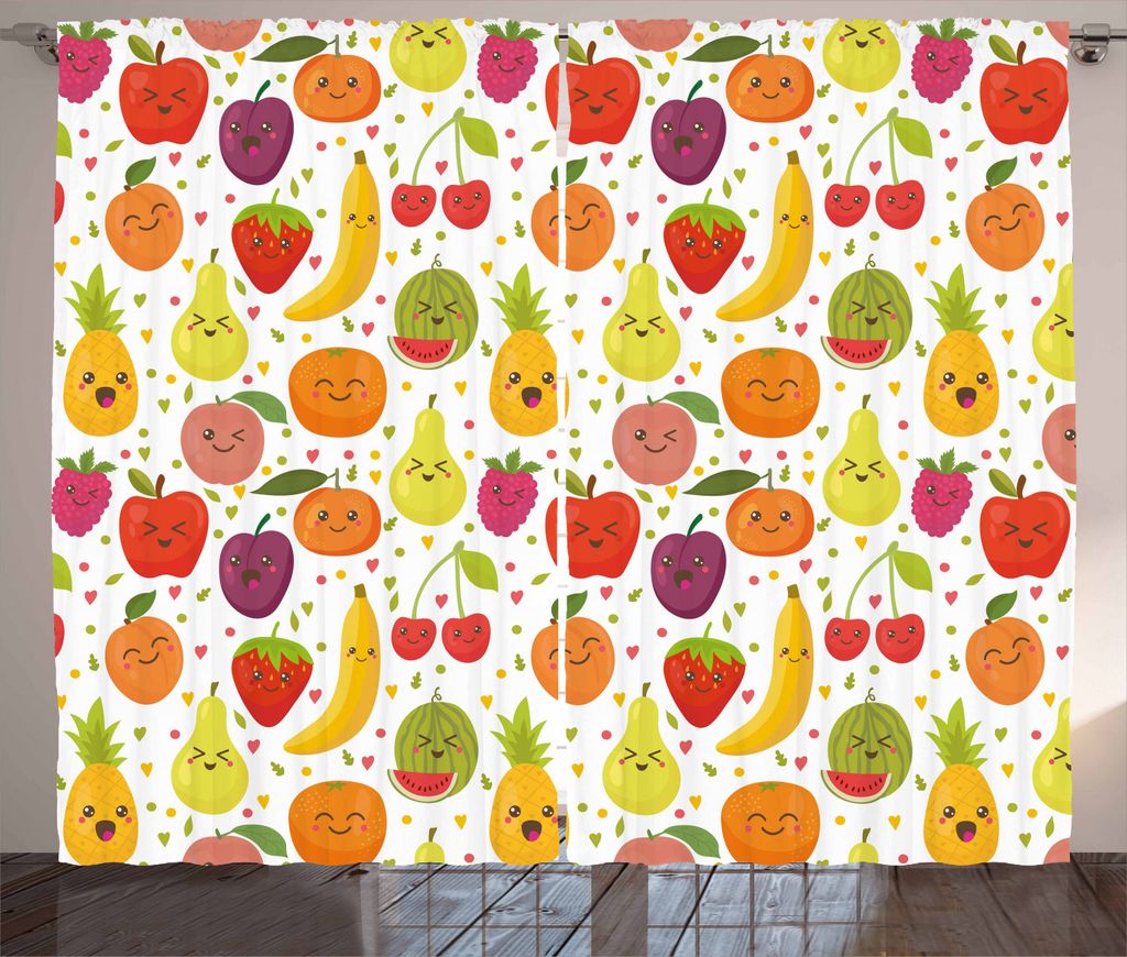 ABAKUHAUS Früchte Rustikaler Gardine, Bananen-Lächeln-Kinderthema, Schlafzimmer Kräuselband Vorhang mit Schlaufen und Haken, 280 x 225 cm, Mehrf...