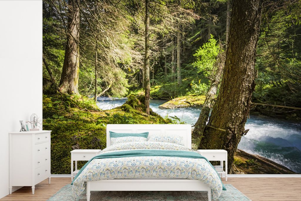 MuchoWow Fototapete für Wohnzimmer oder Schlafzimmer Wandtapete Vinyl Motivtapete Flussbett in den Wäldern des Nationalparks Hohe Tauern - 420x...