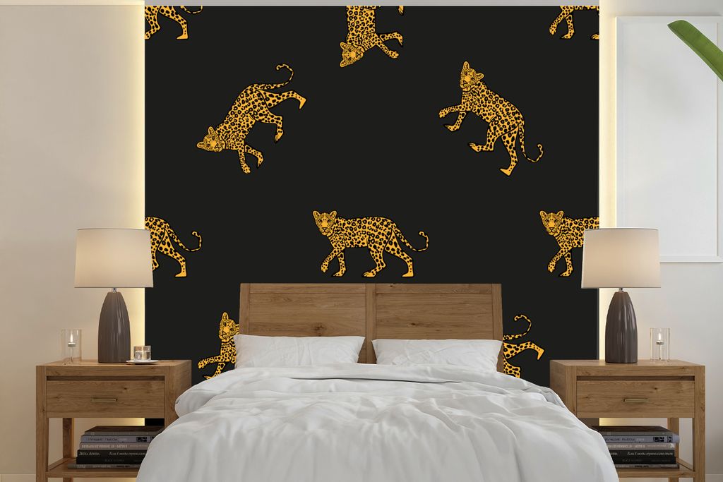 MuchoWow Fototapete für Wohnzimmer oder Schlafzimmer Wandtapete Vinyl Motivtapete Muster - Panther - Gold - 350x350 cm - Schlafzimmertapete