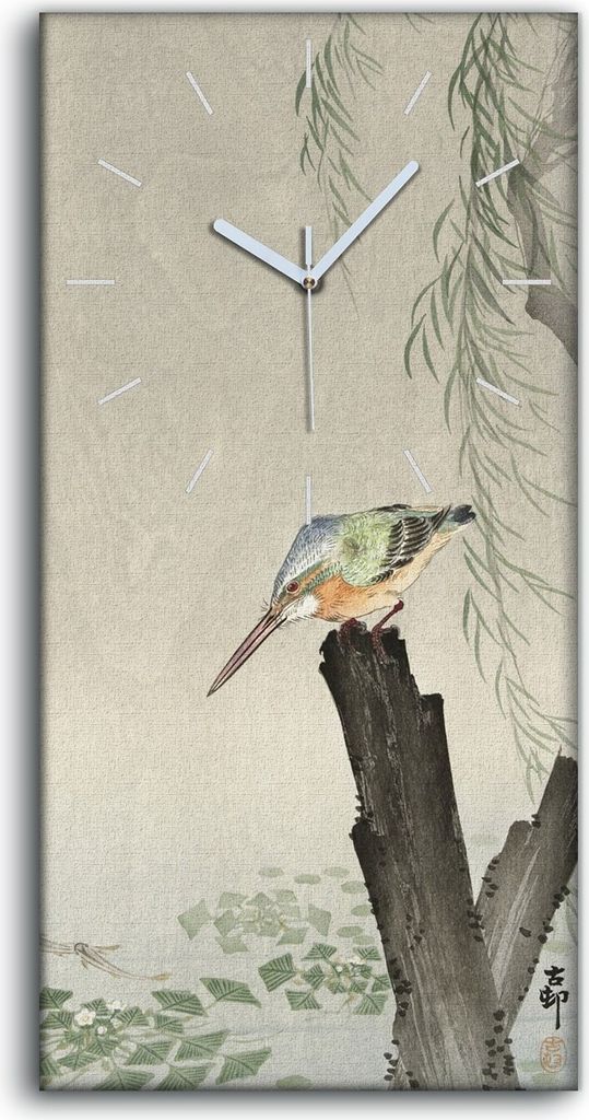 Wandbild Leinwand Bilder mit Uhr 30x60 Gemälde Asiatische Tier Vögel Eisvogel - weiße Hände