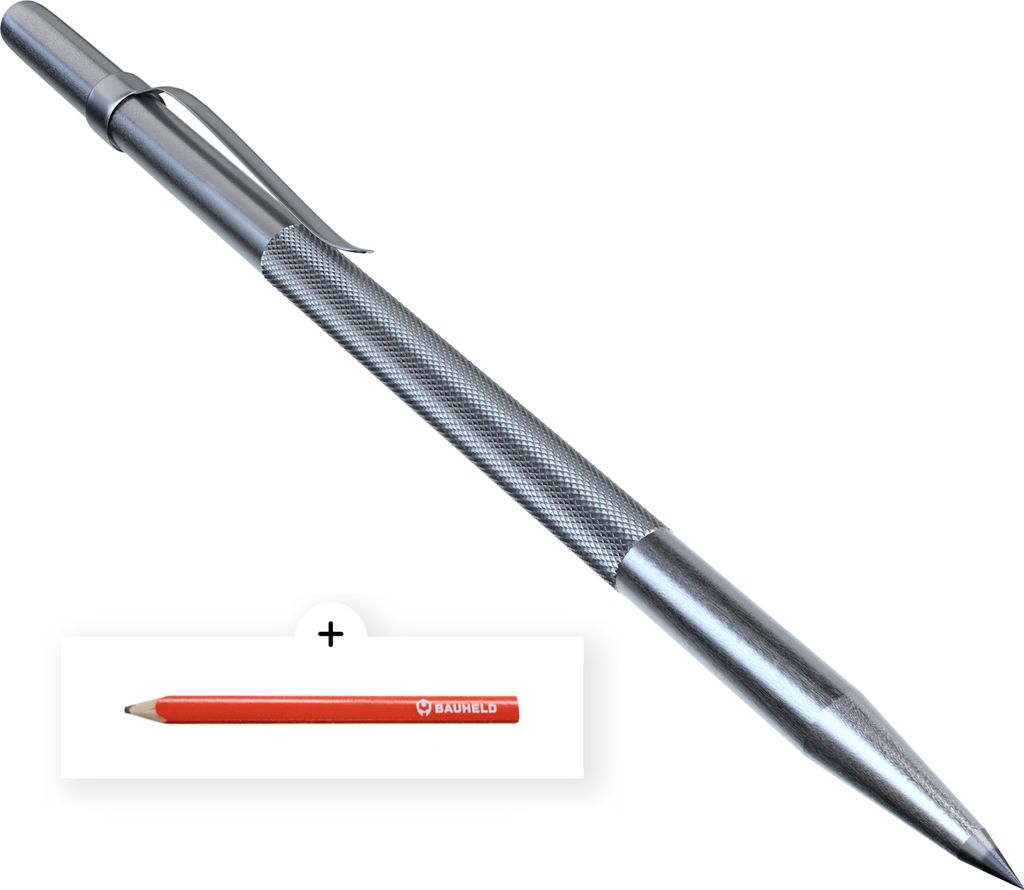 BAUHELD Anreißnadel 150 mm - eingelötete Hartmetall Spitze - Befestigungsclip und vernickelt mit Rändelung - Inklusive Tischlerbleistift