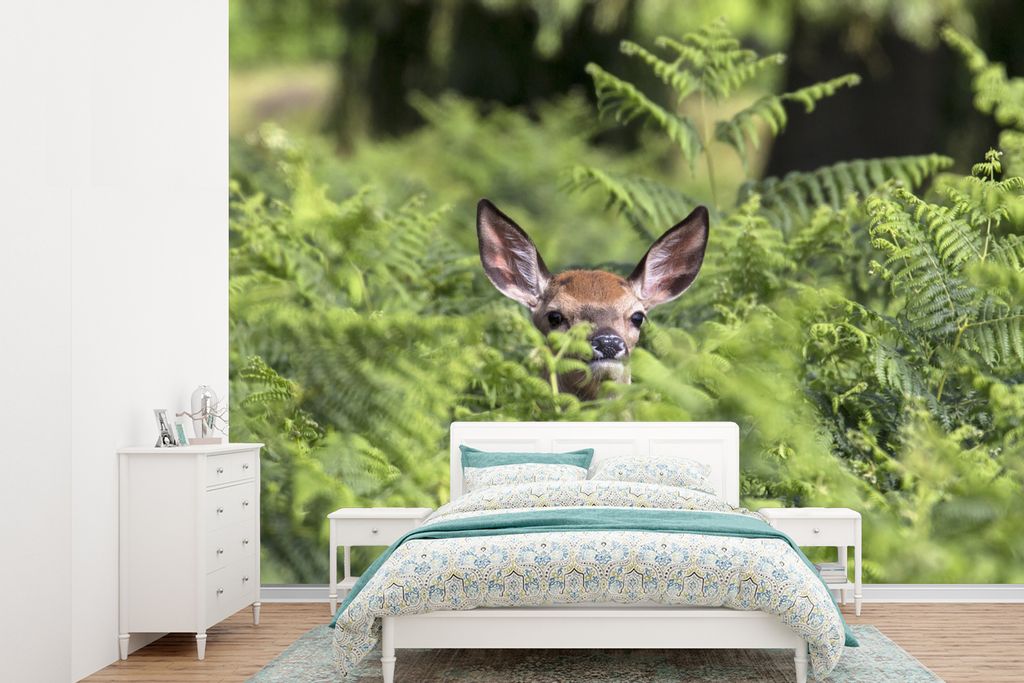 MuchoWow Fototapete für Wohnzimmer oder Schlafzimmer Wandtapete Vinyl Motivtapete Hirsche - Kopf - Farn - 330x240 cm - Vinyltapete