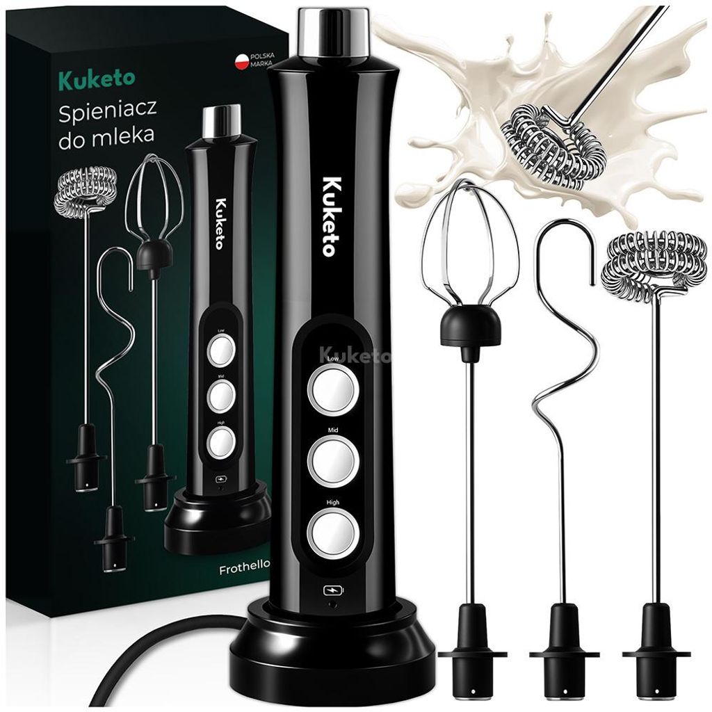 Kuketo | Elektrischer Milchaufschäumer 3-in-1 – 3 Aufsätze (Schneebesen, Ballonbesen, Knethaken), 3 Geschwindigkeiten, 1800 mAh Akku