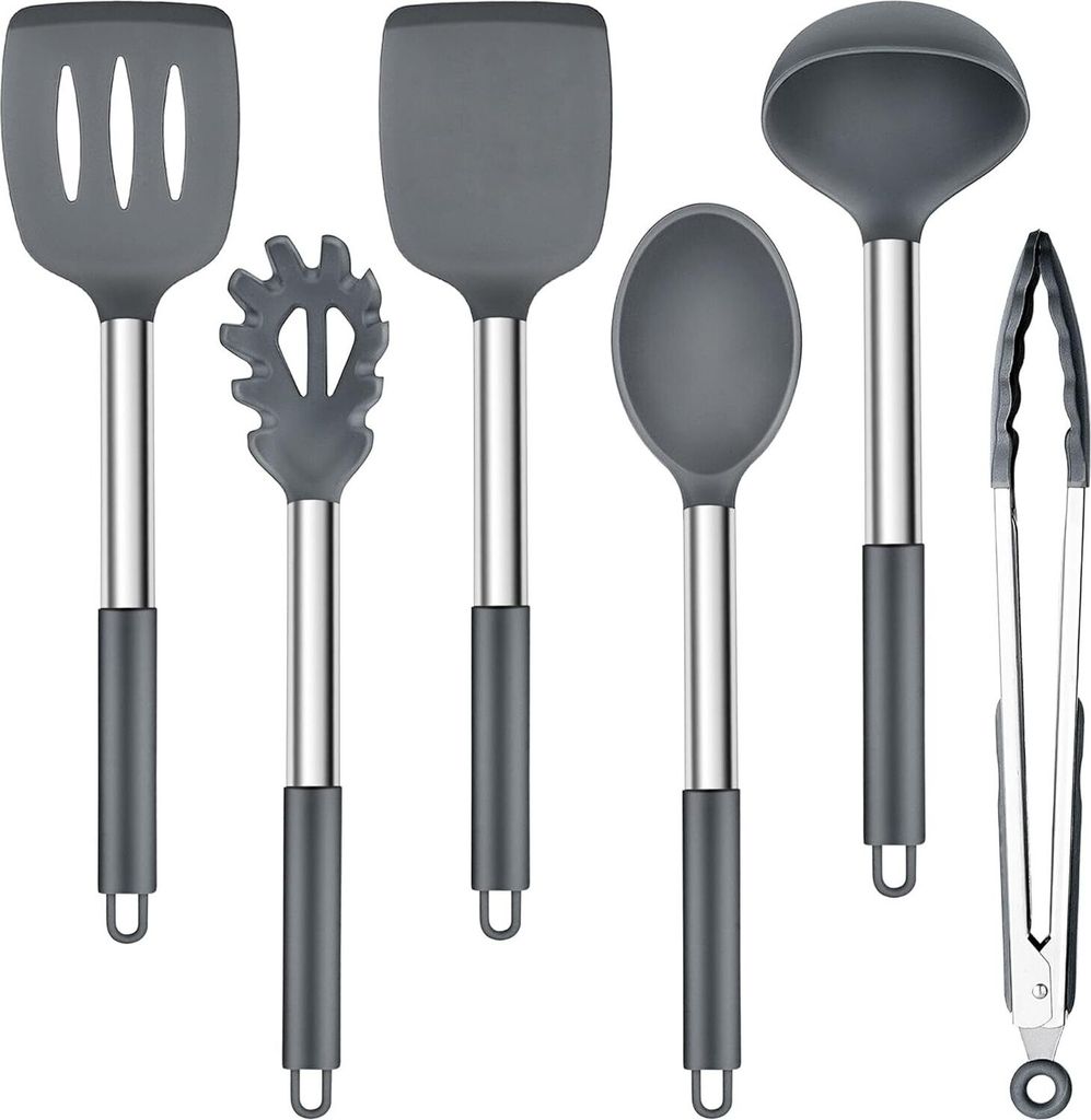 Silikon Küchenhelfer Set, 6 Stück Kochutensilien Kochbesteck Set mit Edelstahlgriff, Hitzebeständiger & Antihaft - Grau